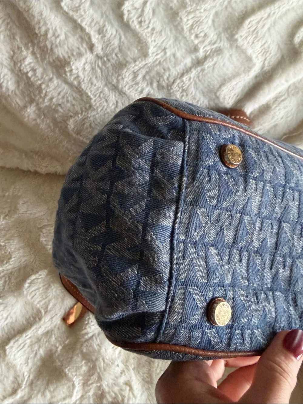 Like New! Michael Kors Denim MK Logo Shoulder Bag with Brown Leather Trim